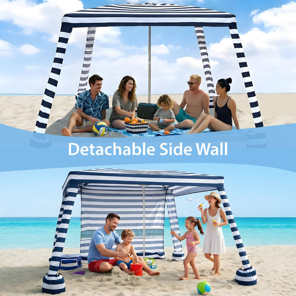 A family relaxing under an AMMSUN 8'x8' navy blue stripe folded beach tent sun shelter with privacy wall