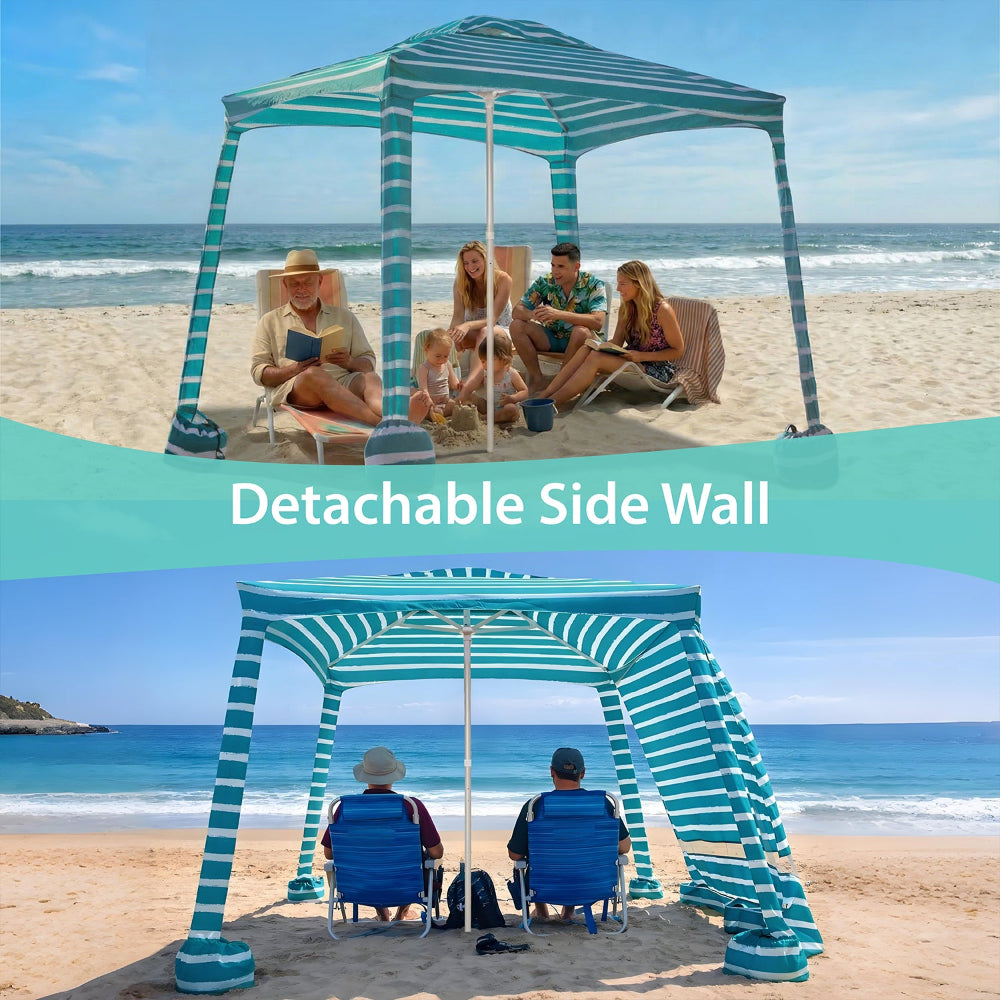 A family of 6 having fun under AMMSUN 8'x8' beach tent easy pop up cabana with sidewall on beach