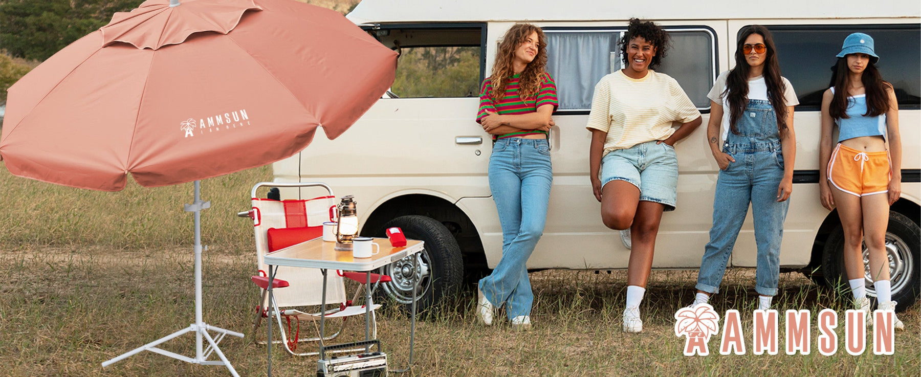 4 people having picnic with AMMSUN 6.5ft orange best umbrella lightweight portable umbrella with stand