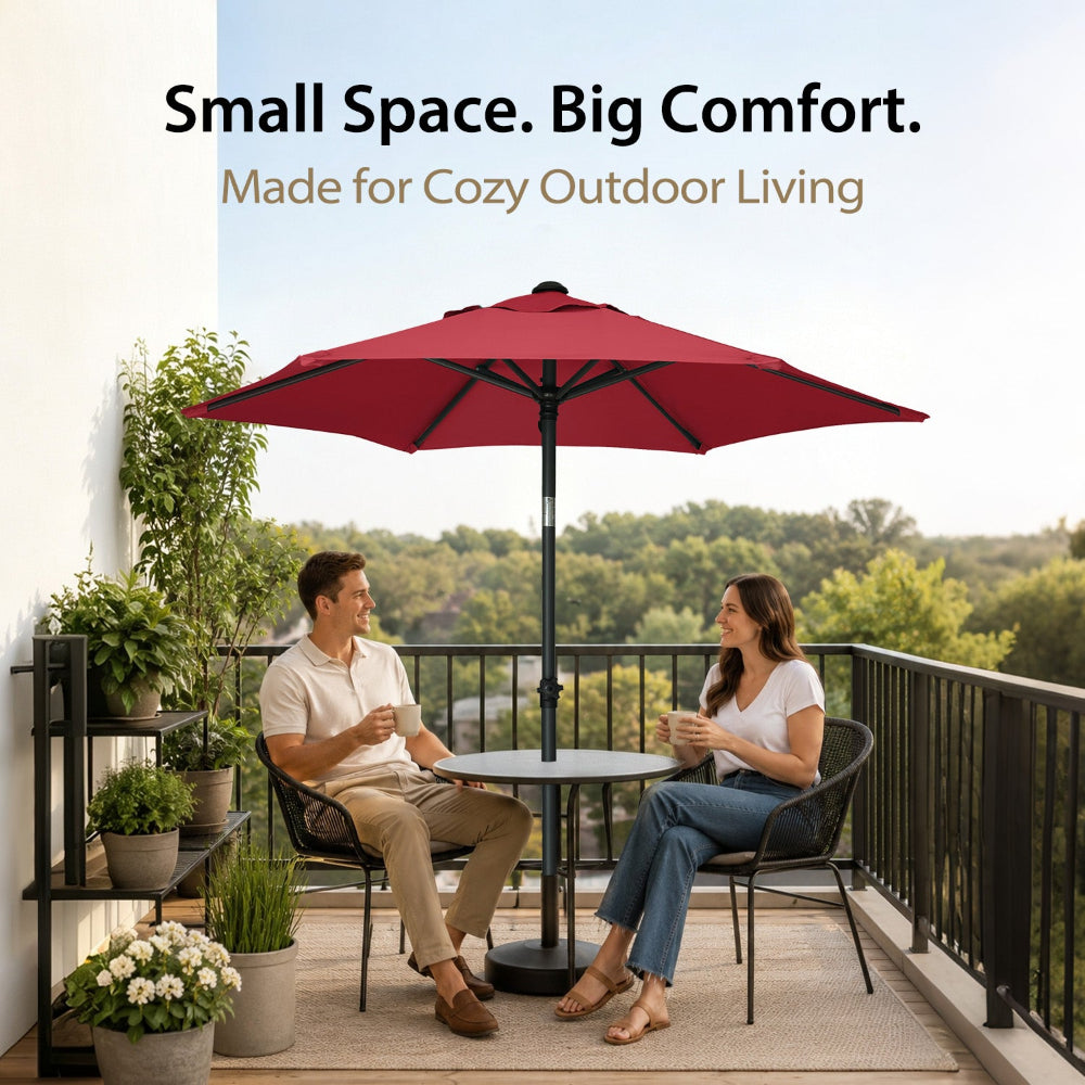 Two people sitting in balcony with an AMSUN 6ft red ammsun beach umbrella
for picnic table umbrella