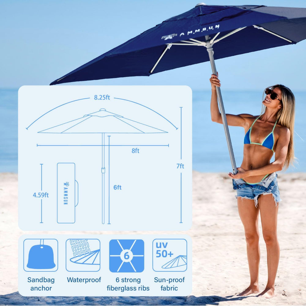 AMMSUN 8ft beach umbrellas for sand heavy duty wind portable umbrella with 6 strong fiberglass ribs in 7ft high has  a sandbag and a carrying bag