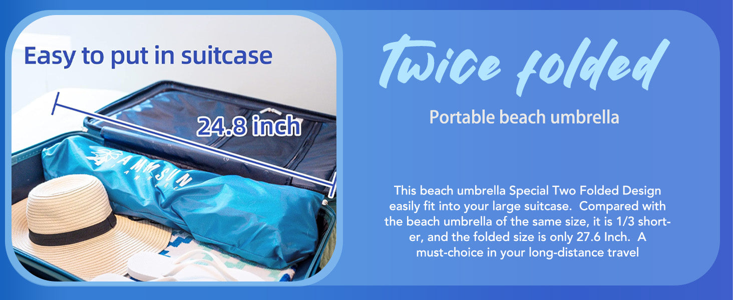 AMMSUN 6ft sky blue folded travel beach shade umbrella with anchor is fit for 24.8inch suitcase