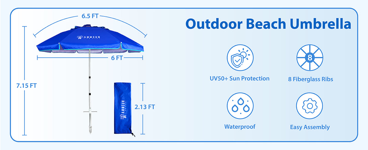 AMMSUN 6.5ft twiced folded shade umbrella portable sun shade umbrella uv 50+ is in 7.15ft high with 8 fiberglass ribs