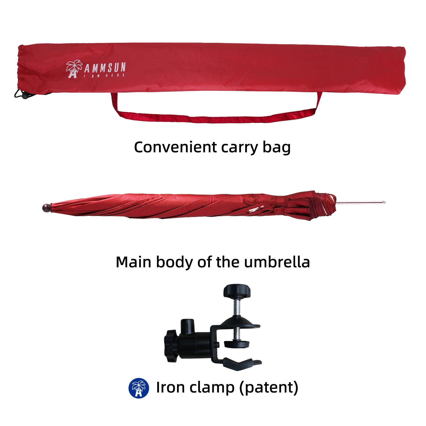 AMMSUN 52 inches XL Chair Umbrella with Universal Clamp Red