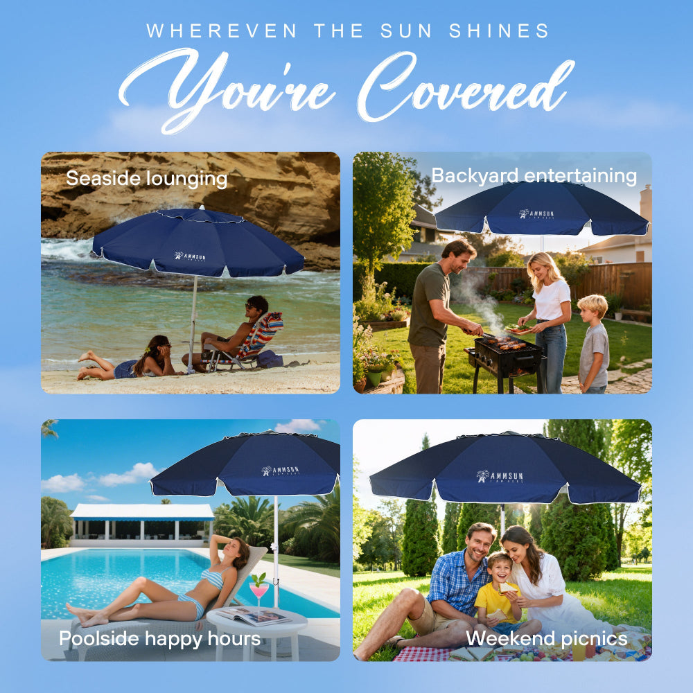 AMMSUN 8ft best beach umbrella with sand anchor fits for seaside, backyard, poolside and picnics