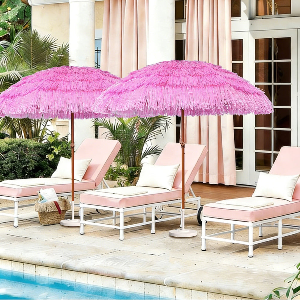 AMMSUN 7.5ft baby pink umbrella outdoor patio with hawaiian style tiki umbrella with lounge chairs by a poolside