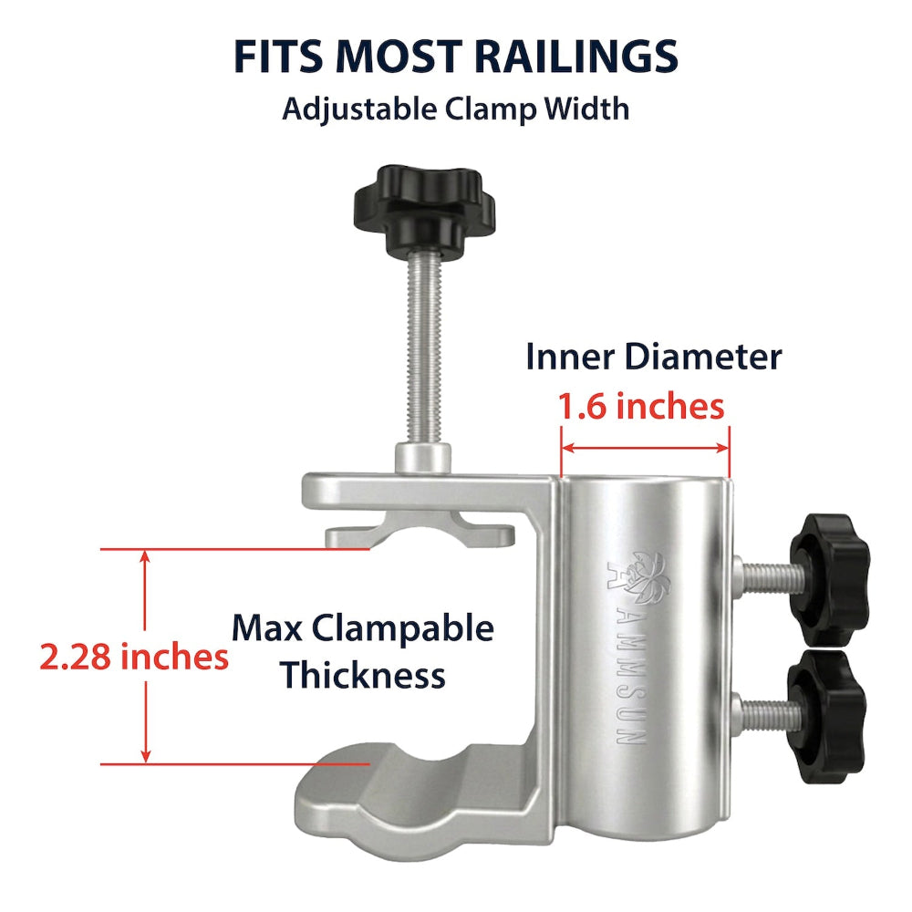 An adjustable aluminum clamp with black adjustment knobs is equipped with a 2.28'' widiest clamp opening