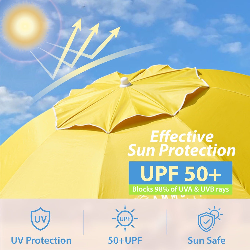 AMMSUN yesllow 6.5FT protable sports beach umbrella using 50+ UPF fabric, blocking 98% uv for outdoor activities.