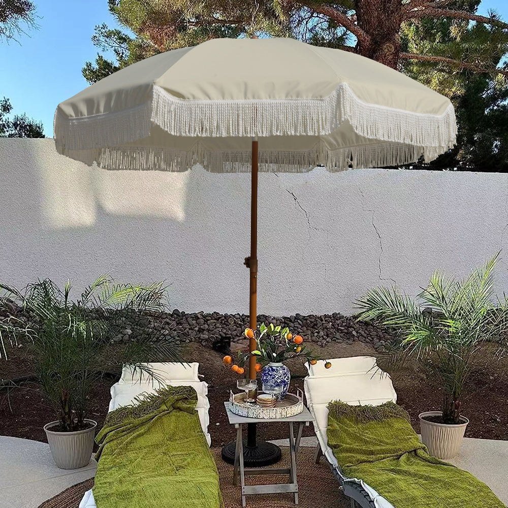 cream fringe patio umbrella AMMSUN 7ft Patio Fringe Umbrella,Light Beige