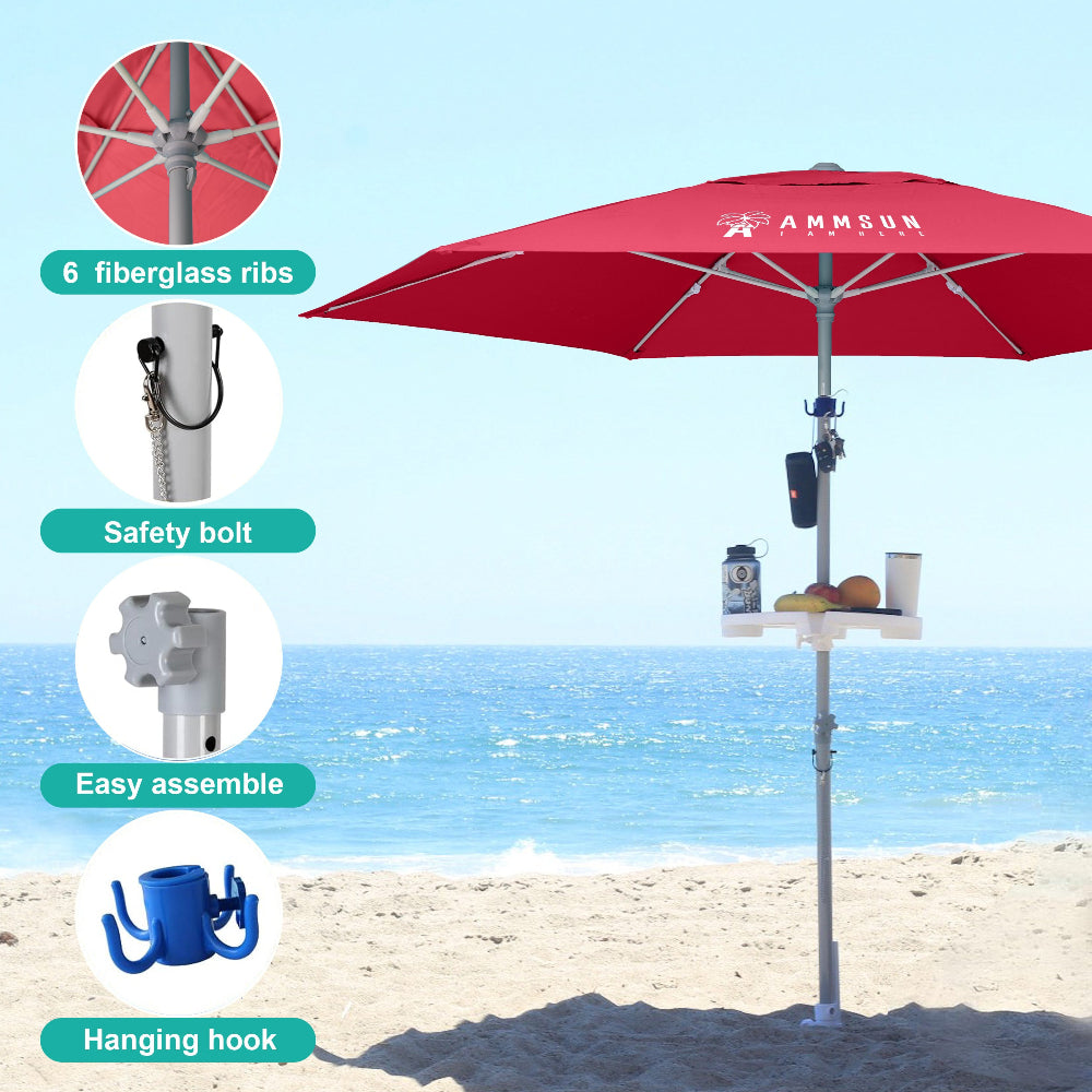 AMMSUN 8ft red hbest beach umbrella with sand anchor, fiberglass ribs has a safety bolt and hook
