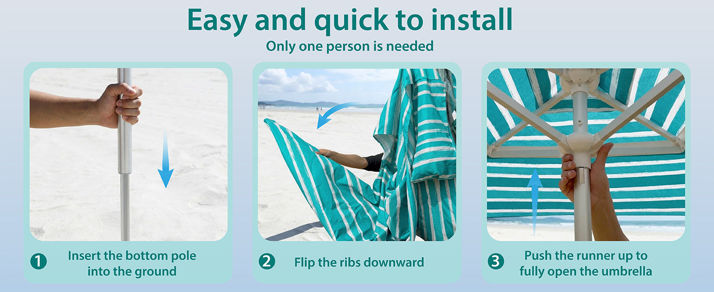 Three-panel installation guide for easily setting up AMMSUN 8x8ft cool cabana beach tent