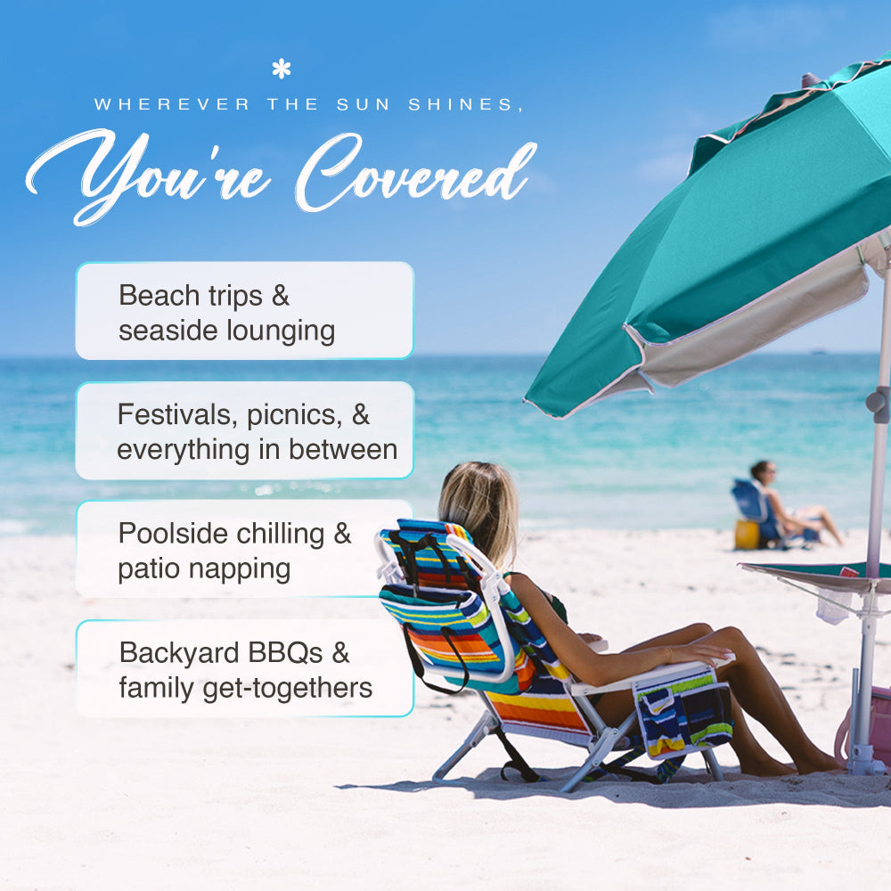 Sunny beach scene: loungers, umbrellas, towels, and the AMMSUN 7ft teal umbrella with table – perfect for sunbathing & leisure. Beach umbrellas for sand, Tommy bahama beach umbrella
