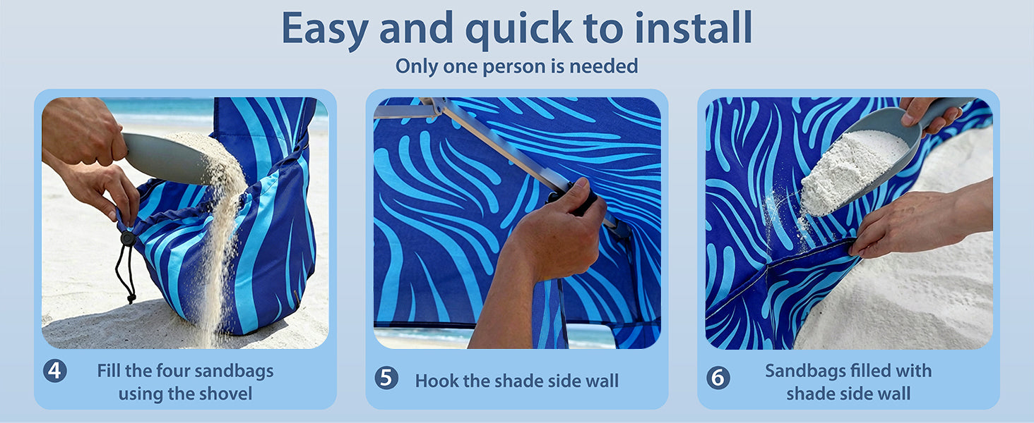 Easy and quick to set up AMMSUN sea flow 8x8 beach cabana and side wall with sand shovel