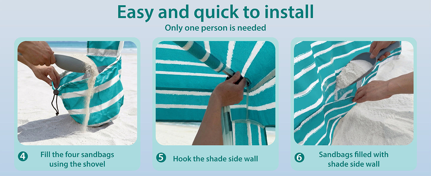 AMMSUN 8x8 beach cabana with side wall has sandbags for more stability