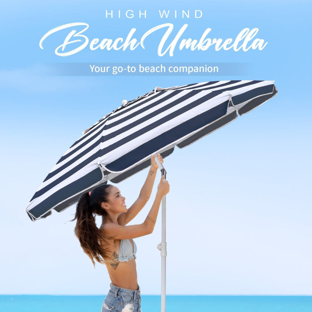 AMMSUN 6.5ft dark blue striped patio umbrella small wind resistant umbrella with tilt