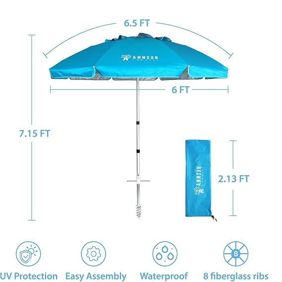AMMSUN 6.5ft twiced folded beach umbrella with sand anchor is in 7.15ft high, which can be folded in 2.13ft
length