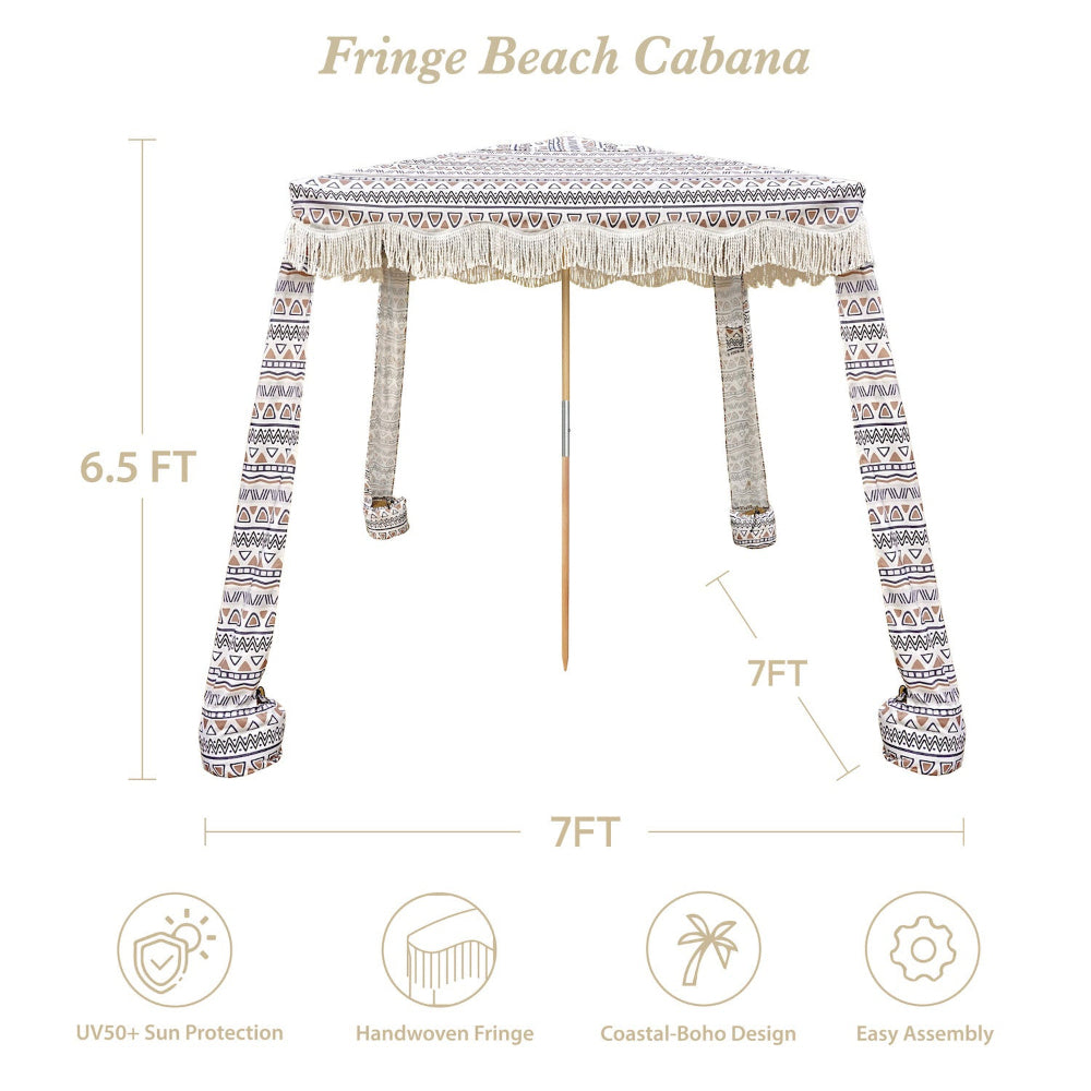 AMMSUN 7'×7' boho beach tents for outfoor cabana in 6.5ft height with white fringe, with sand bags and sturdy frame