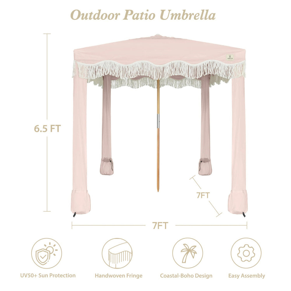 AMMSUN 7'×7' Boho beach tents for outfoor cabana in 6.5ft height with white fringe, with sand bags and sturdy frame