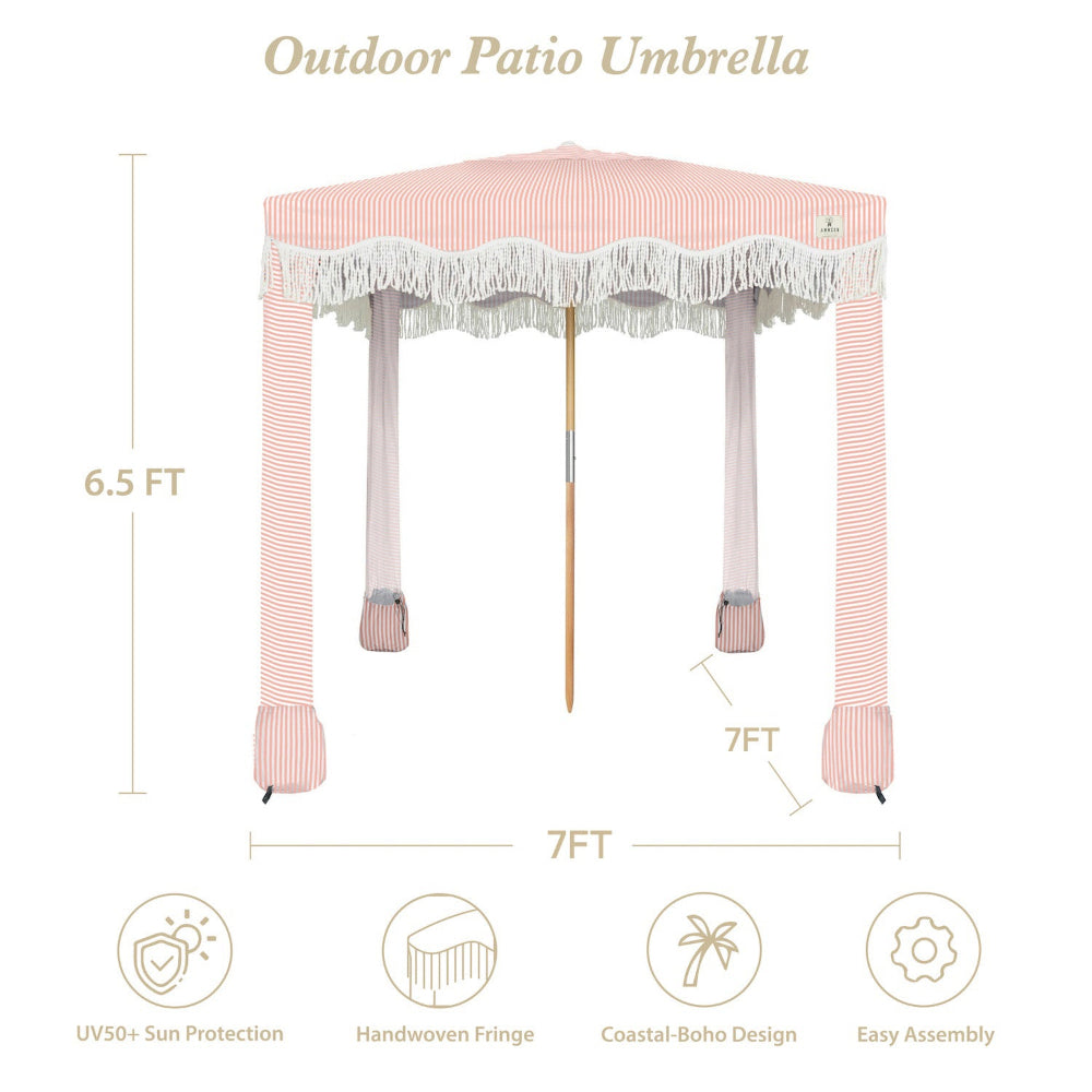 AMMSUN 7'×7' Boho beach tents for outfoor cabana in 6.5ft height with white fringe, with sand bags and sturdy frame