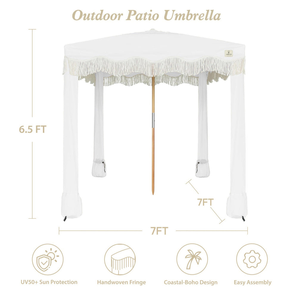 AMMSUN 7'×7' Bobo beach tents for outfoor cabana in 6.5ft height with white fringe, with sand bags and sturdy frame