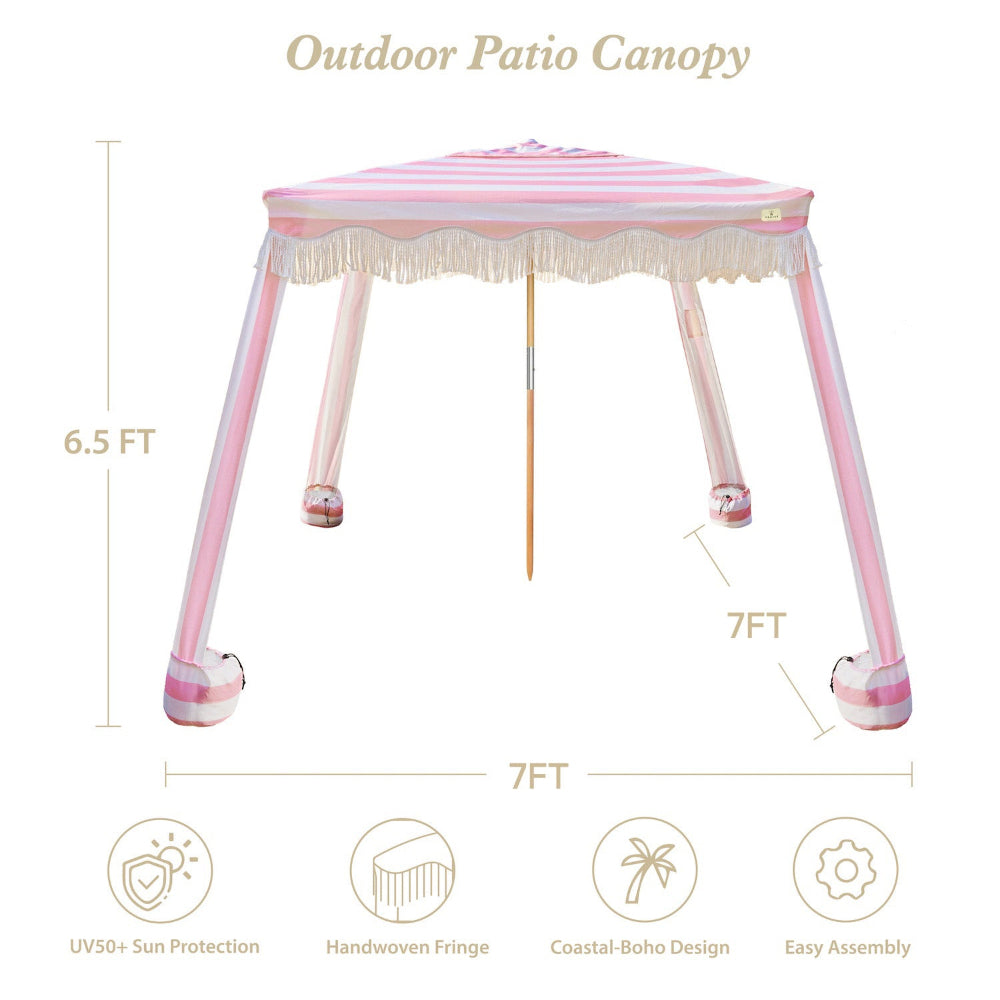 AMMSUN 7'×7' Bobo beach tents for outfoor cabana in 6.5ft height with white fringe, vintage Rose Stripes with sand bags and sturdy frame