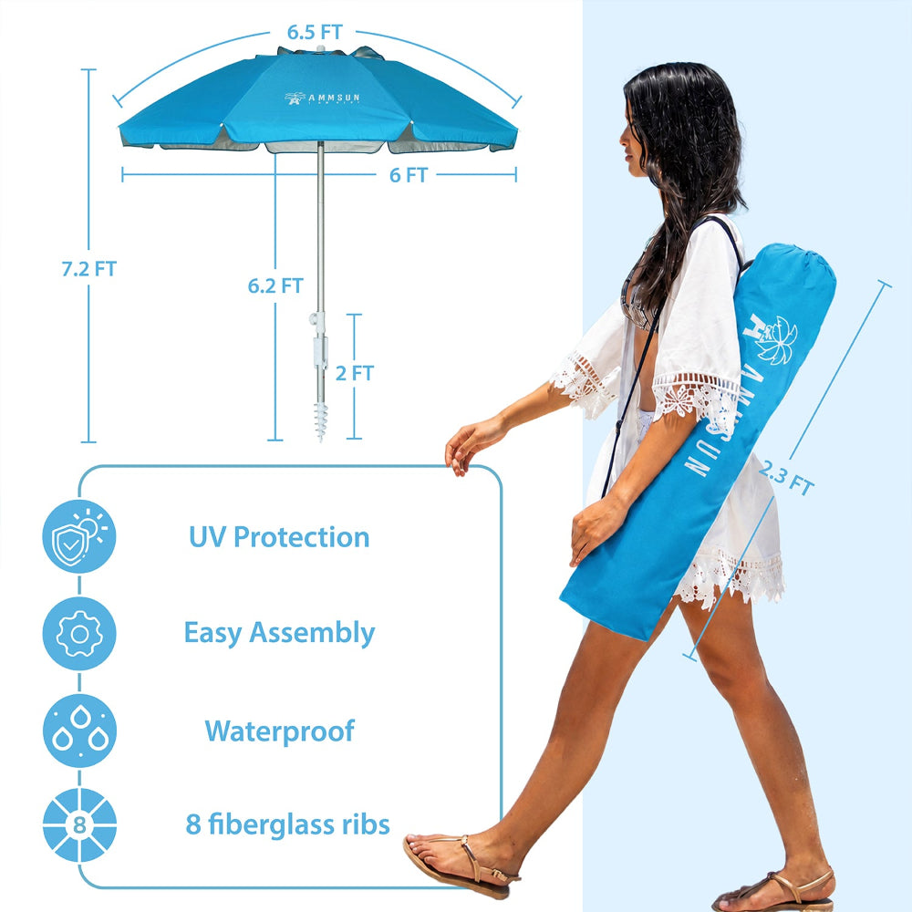 AMMSUN 6.5FT light blue folded beach umbrella with sand anchor can be folded in carrying bag in 2.3ft length