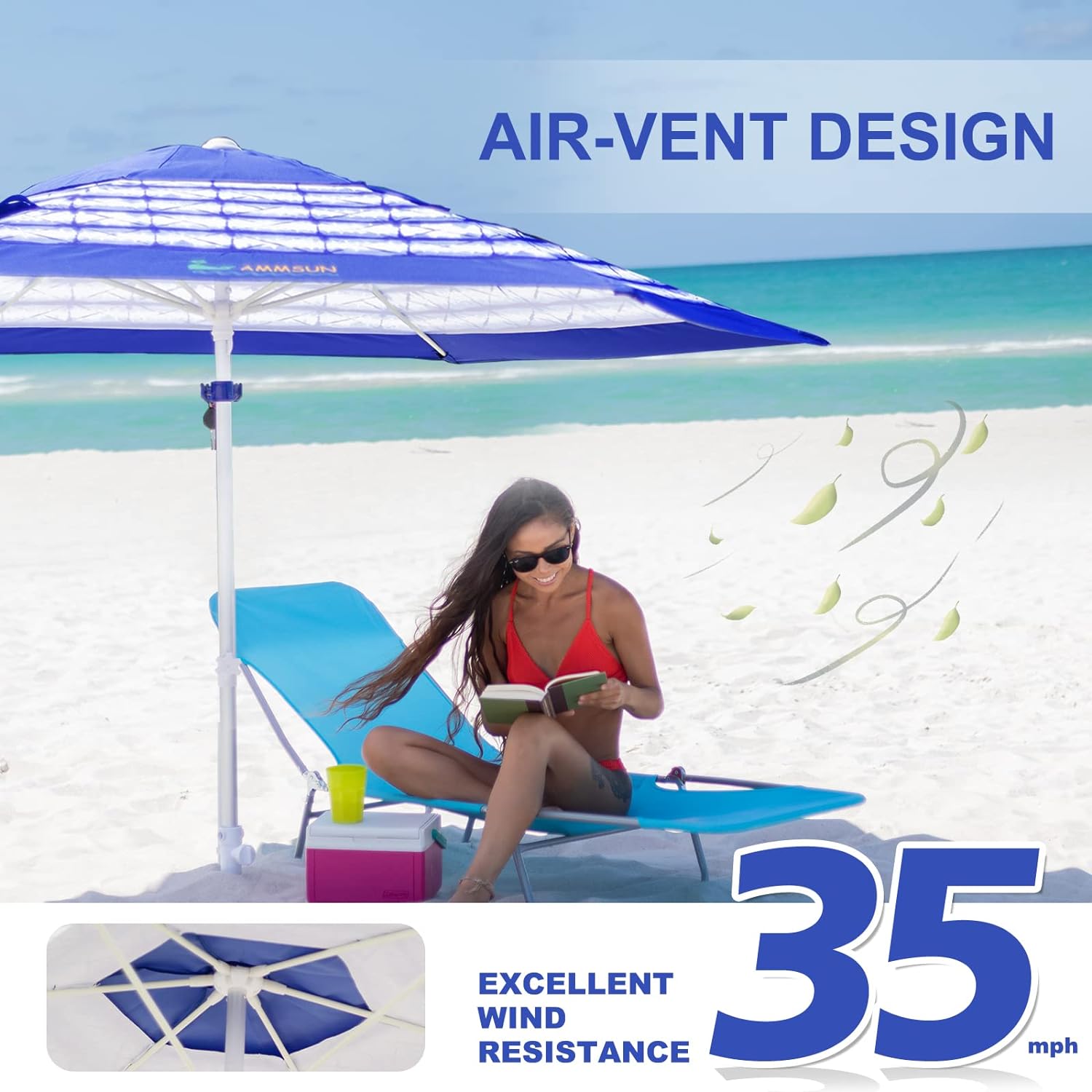 AMMSUN 8ft Heavy Duty Commercial Grade Beach Umbrella Blue White