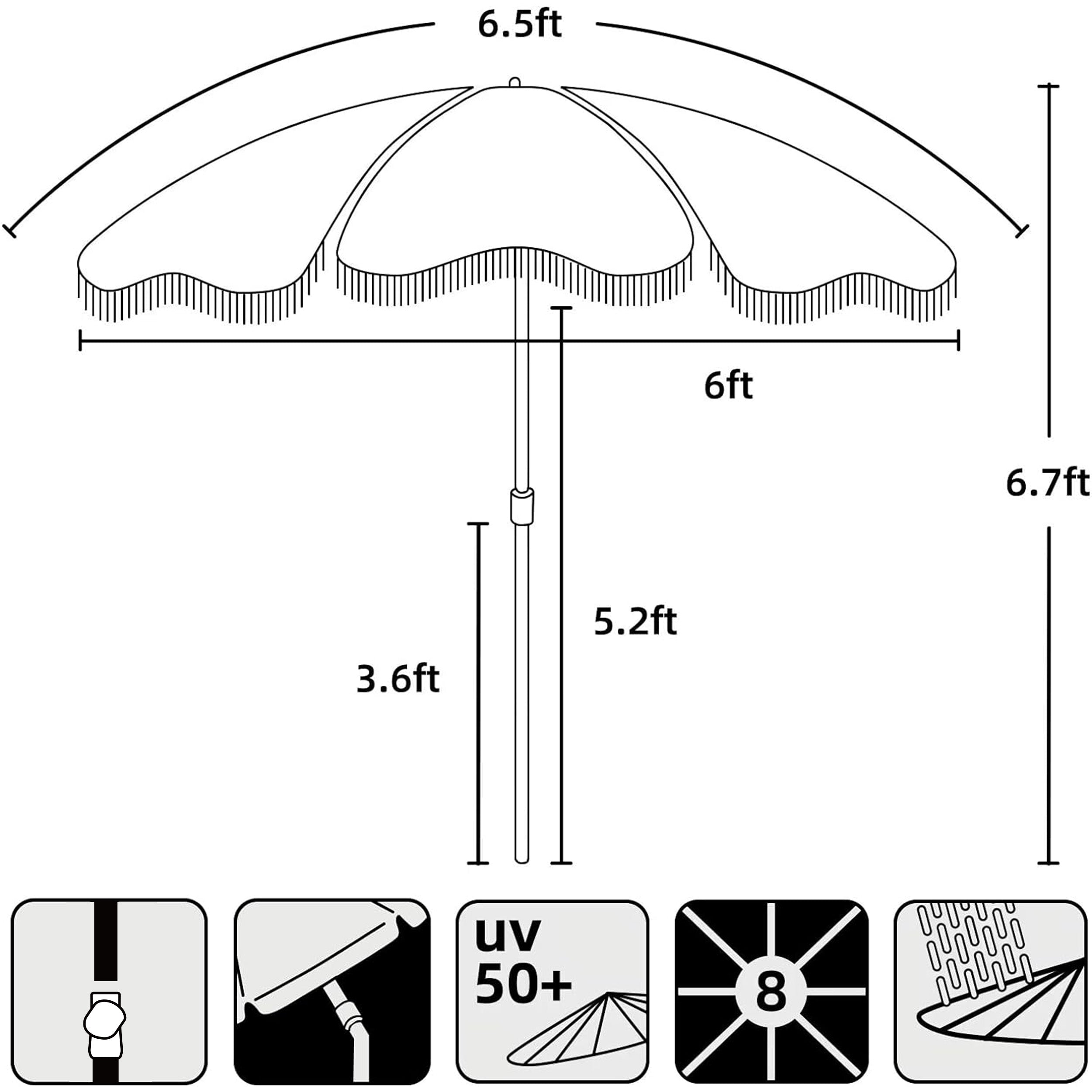 AMMSUN 6.5ft Boho Outdoor Umbrella with Tassels White