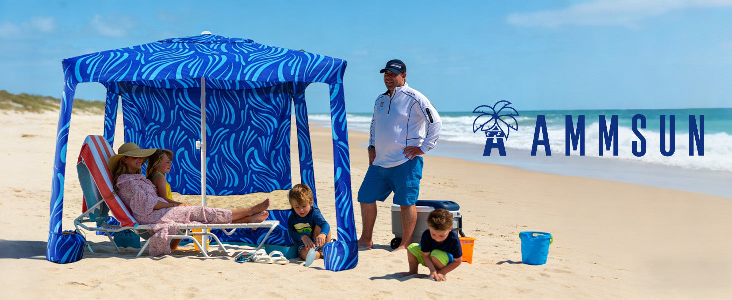 A famliy having beach day with an AMMSUN 6.2'×6.2' sea flow beach tent sun shelter cabana with privacy sunwall is made of durable & well-made shaft