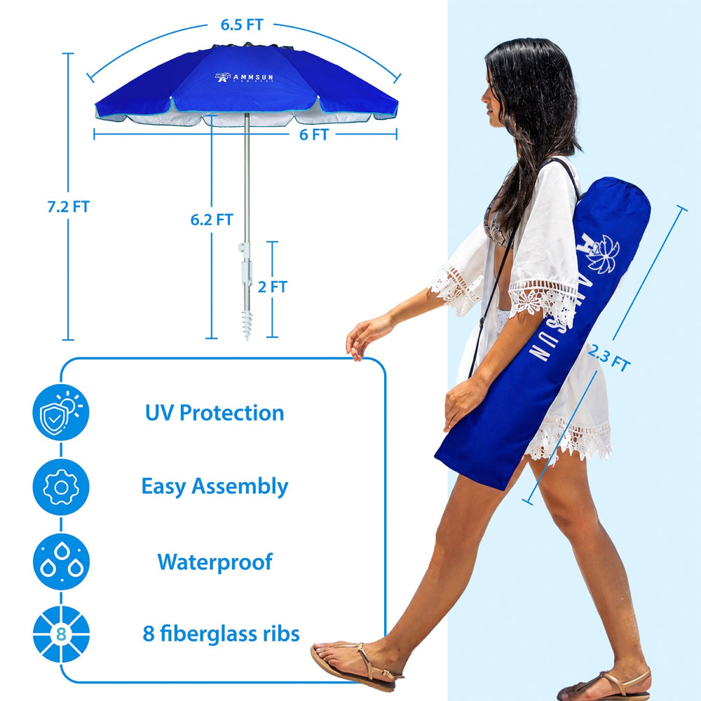 AMMSUN 6.5FT light blue folded beach umbrella with sand anchor in 2ft length for beach umbrella, with height adjust knob