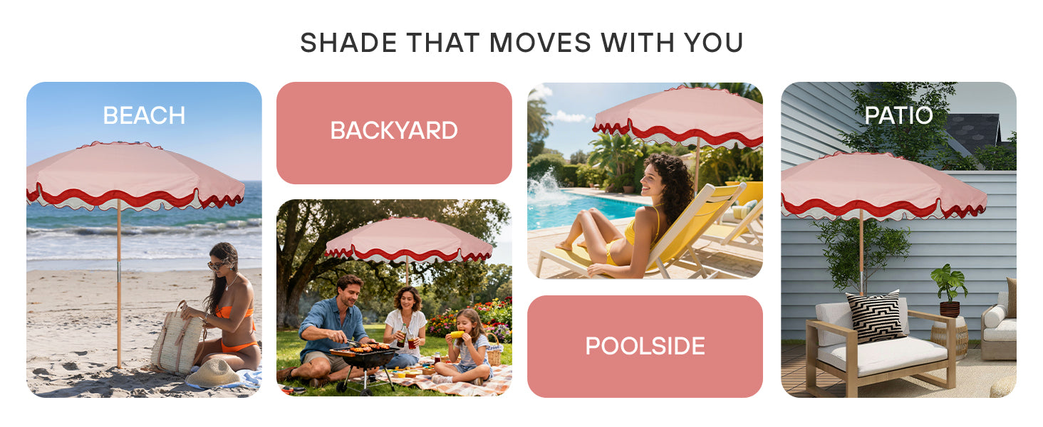 AMMSUN 7.8ft deep peach vintage wood pole umbrella for patio fits for beach, packard and poolside