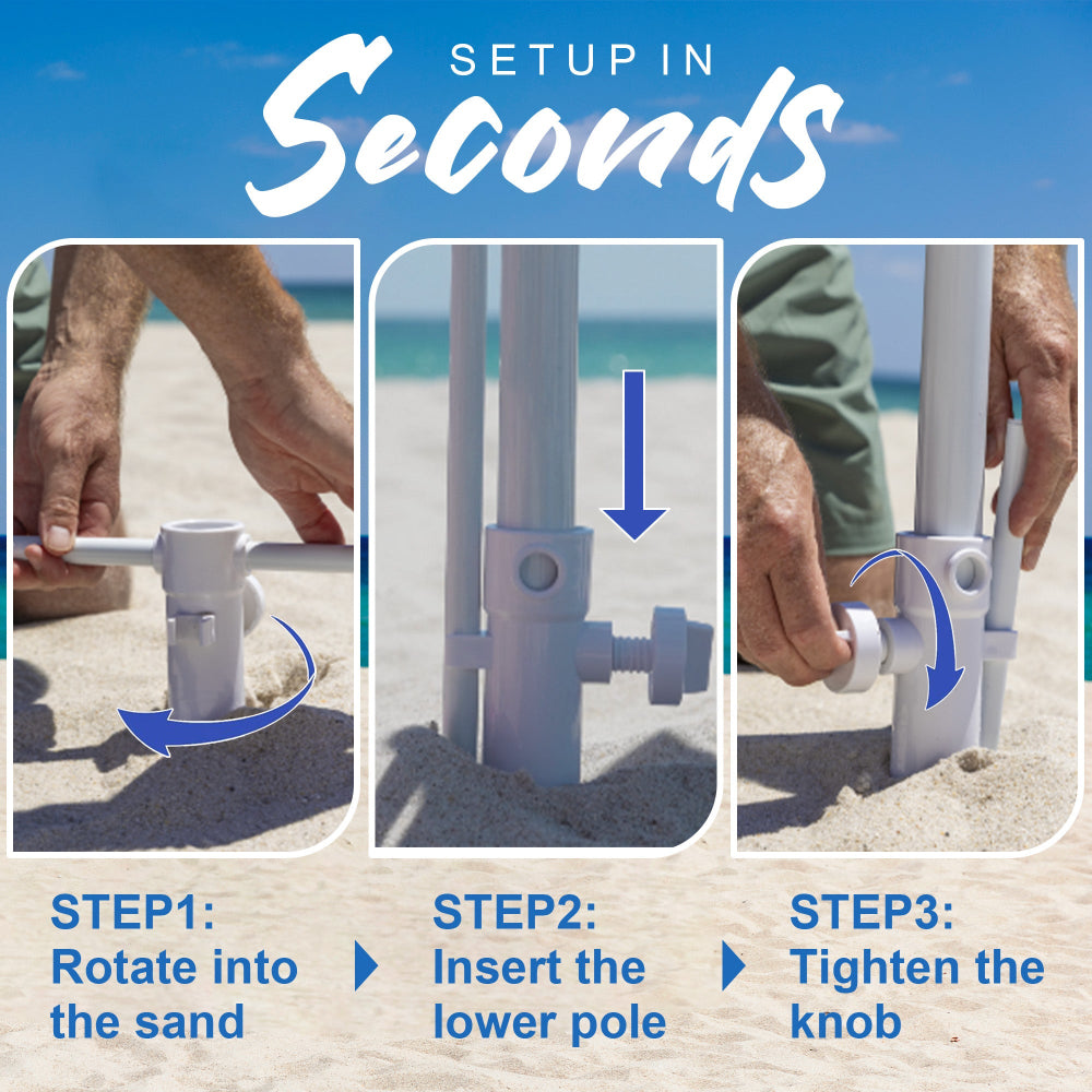 Using AMMSUN patent sand anchor for umbrella, in 3 steps: iron pipe removal, rotate anchor into sand and tighten knob