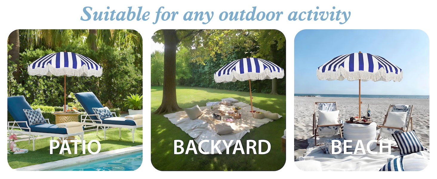 AMMSUN 6.5ft navy stripe umbrella outdoor ideal for the beach, patio, backyard, lawn, pool, and garden