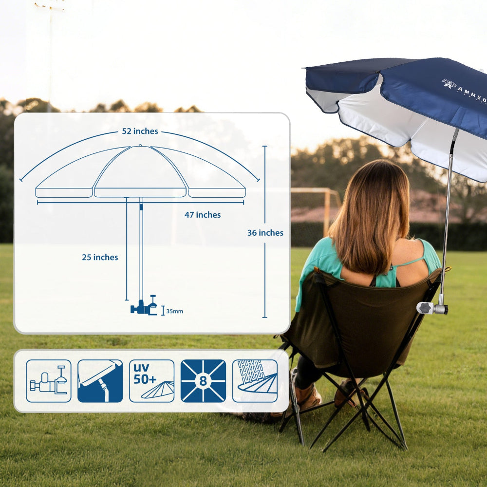 A woman sitting in a chair with AMMSUN navy blue large size bleacher umbrella with clamp spanning 52