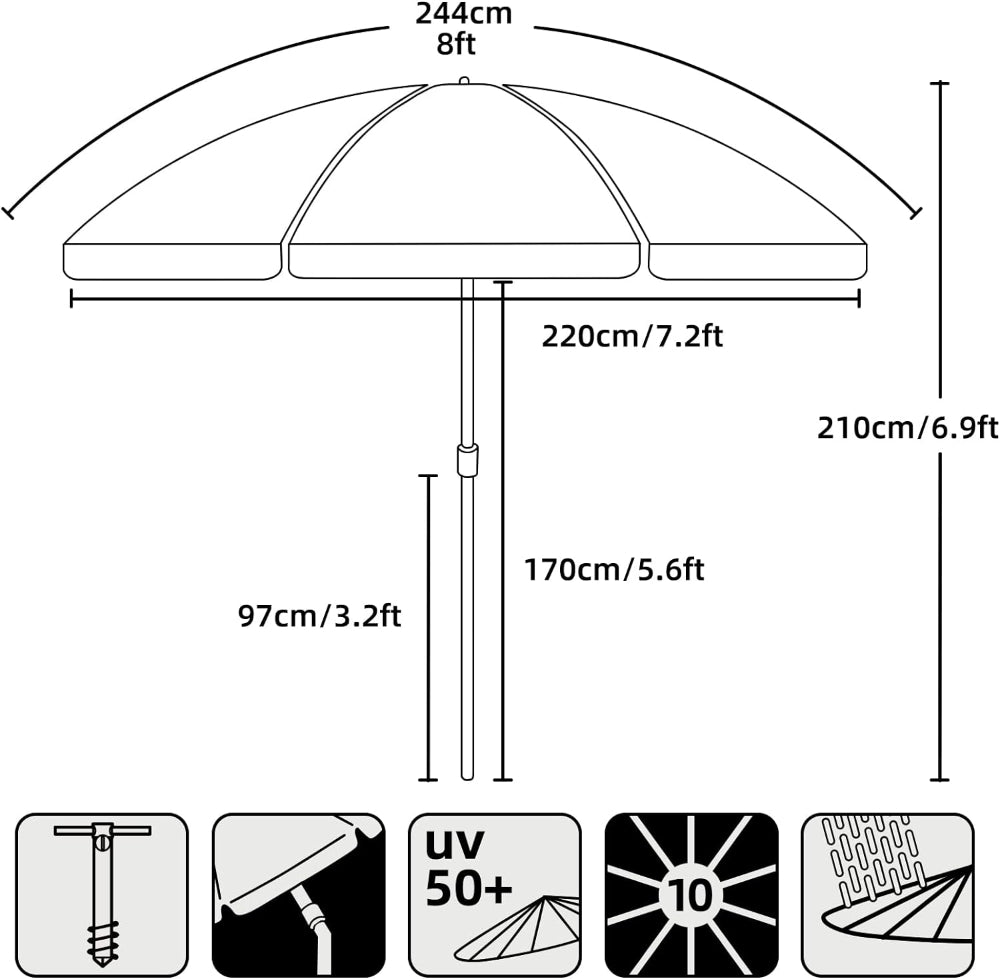 AMMSUN 8ft Large outside beach umbrella for sand with sand anchor is up to 6.9ft H, with UV50+
