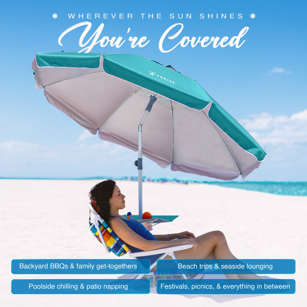 Sunny beach with loungers, umbrellas, towels & AMMSUN 7ft teal umbrella with table – perfect for sunbathing & leisure. Beach umbrellas for sand, Tommy bahama beach umbrella