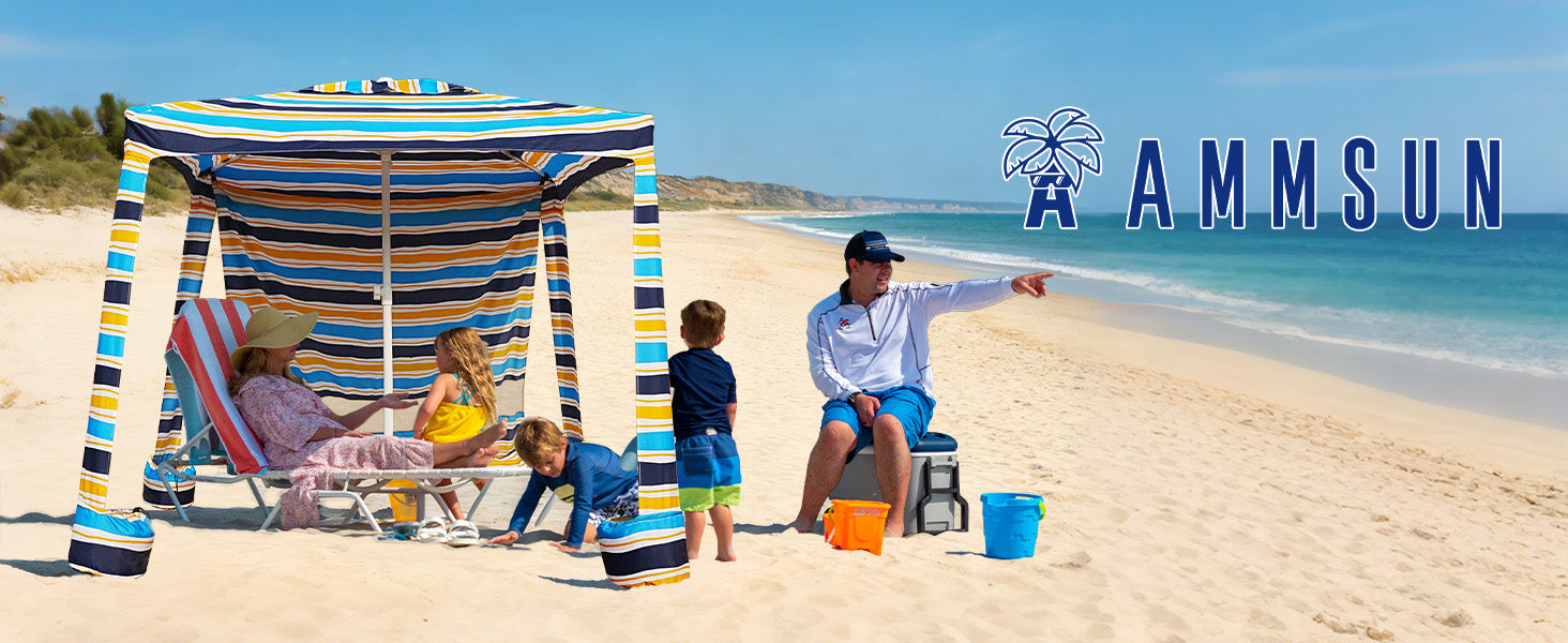 A family of 5 having fun under an AMMSUN 6.2'x6.2' vibrant stripe beach set up pool cabana with sidewall