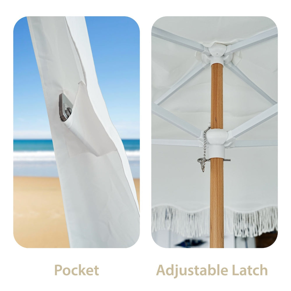 AMMSUN 6'×6' Bobo beach cabana canopy with Fringe, Elegant white beach tent with white fringe beach umbrella with sturdy frame