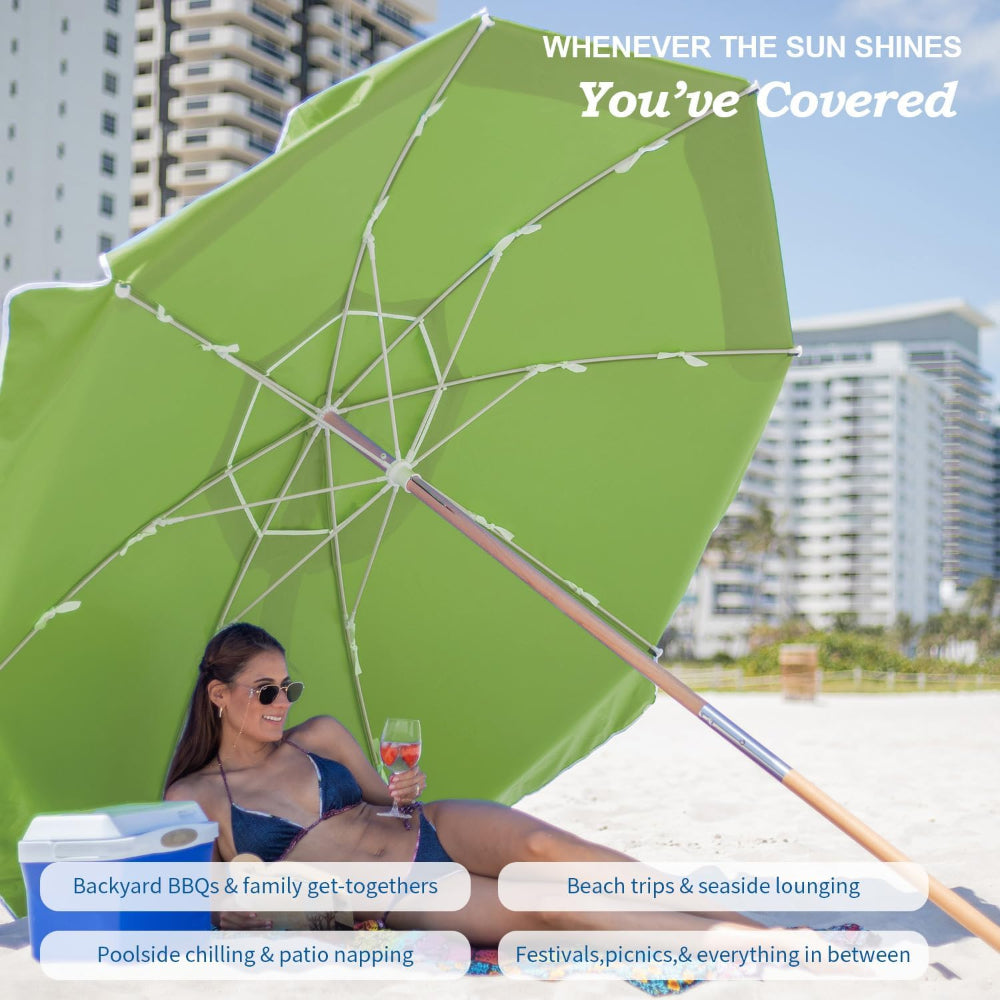 Woman lying under an AMMSUN 7.5ft wooden pole heavy duty portable beach umbrella