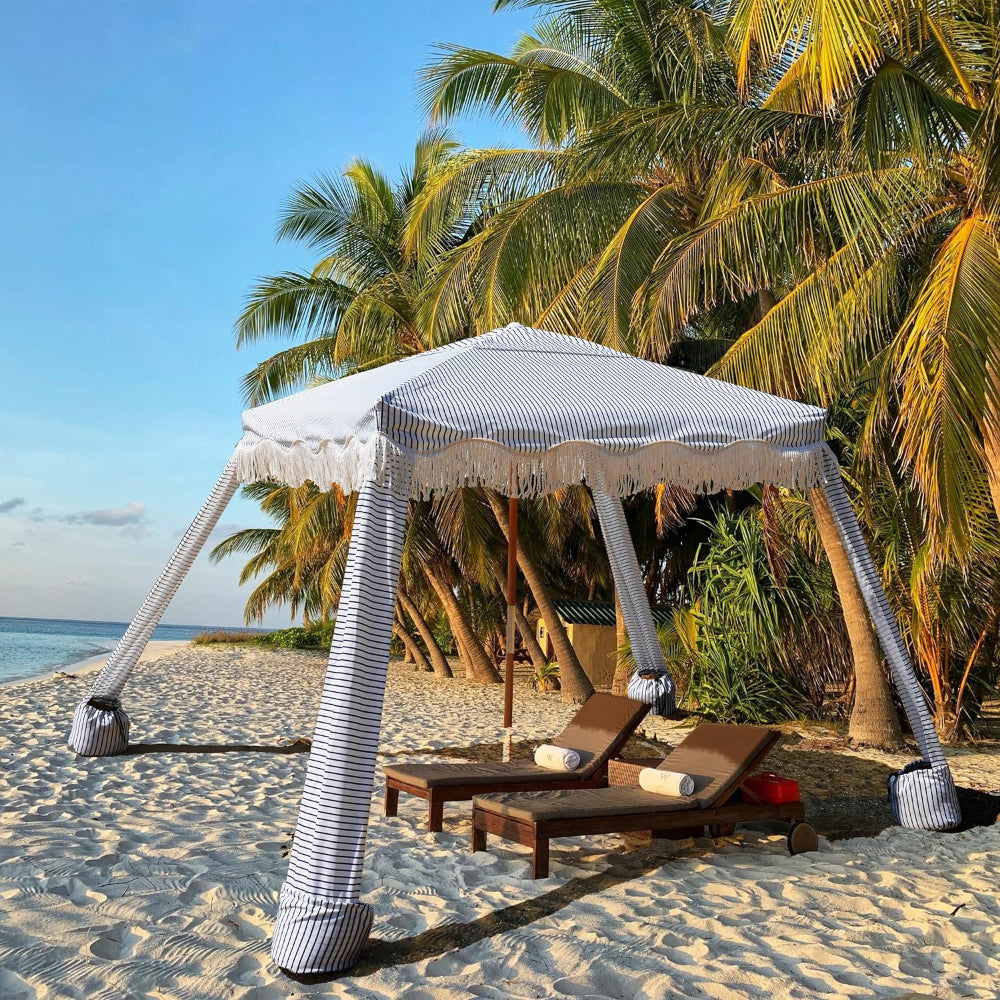 AMMSUN 7'×7' Bobo Beach Cabana with Fringe,Blue Stripes