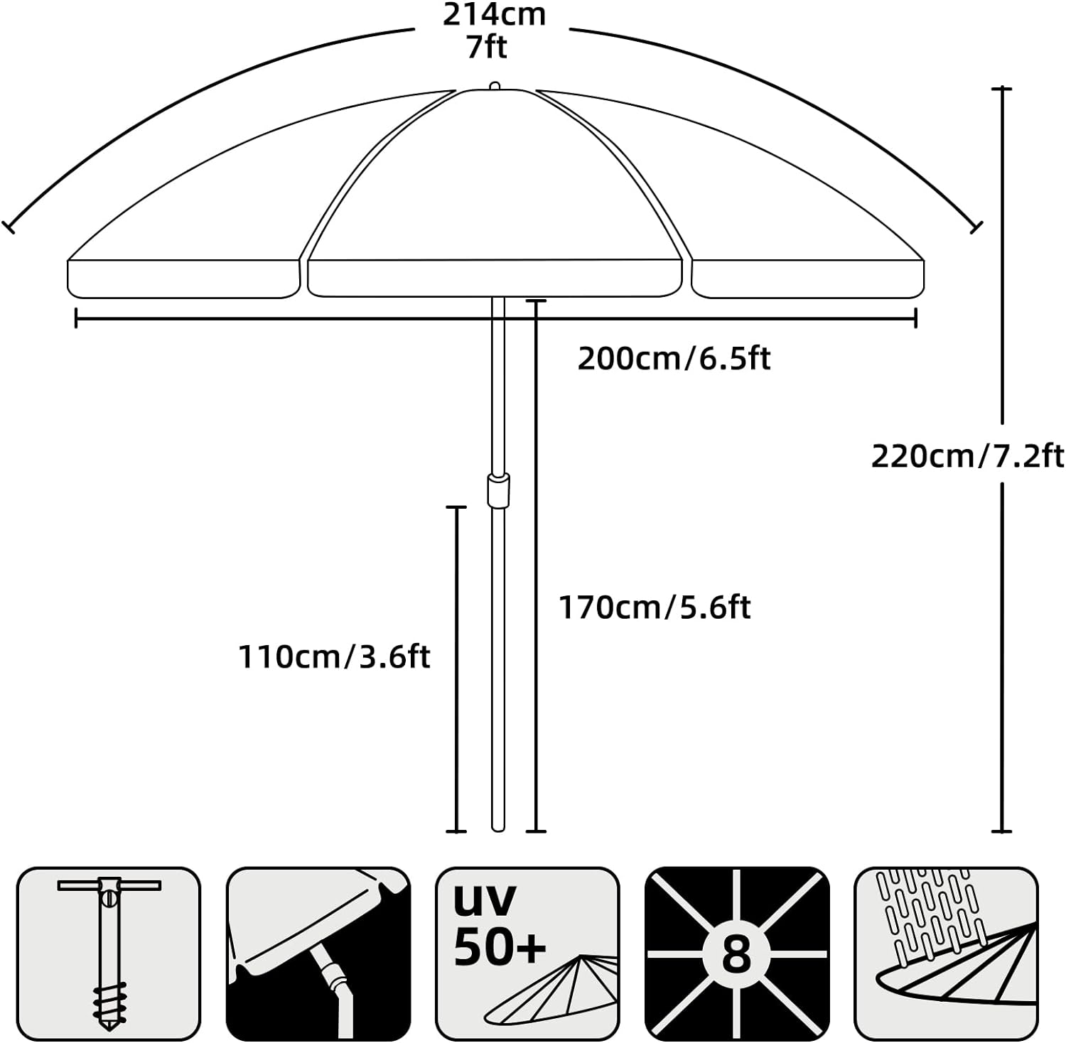 AMMSUN 7ft Heavy Duty High Wind Beach Umbrella with Sand Anchor  Revival Blues