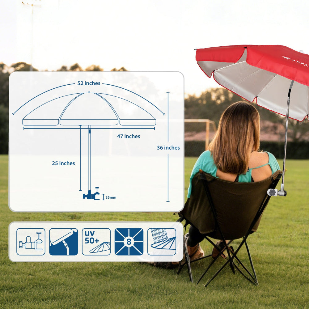 A woman sitting on soccor field with lawn chairs with canopy with clamp for AMMSUN red fishing umbrella, spanning 52