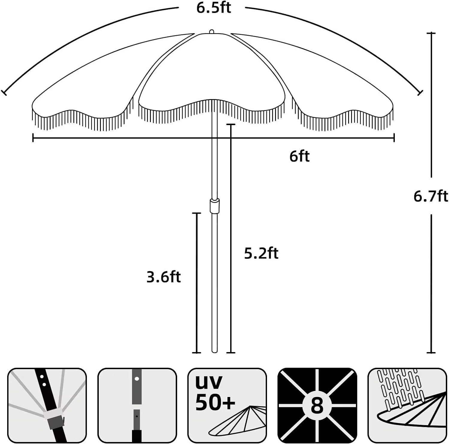 AMMSUN  6.5ft Boho Umbrella with Fringe Blue Wave