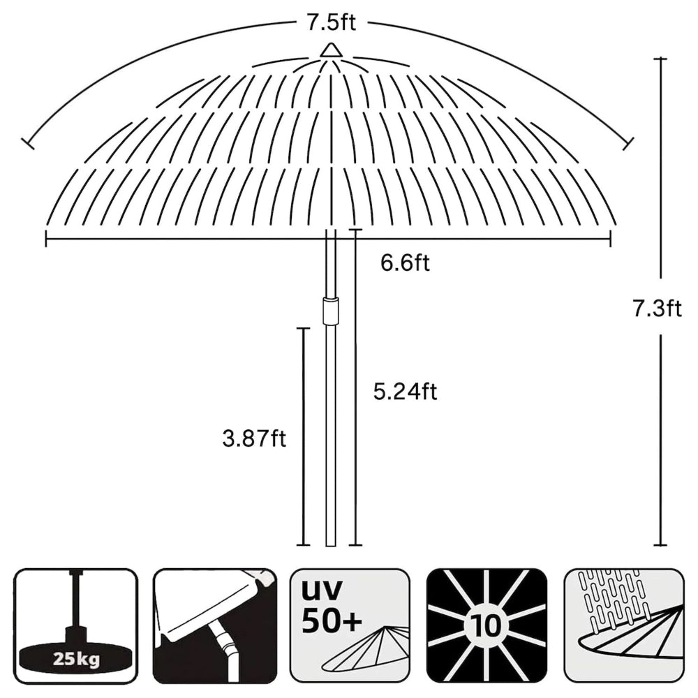AMMSUN 7.5ft tiki umbrella outdoor patio with tilt made of uv 50+, waterproof and 8 fiberglass ribs, up to 7.3ft H
