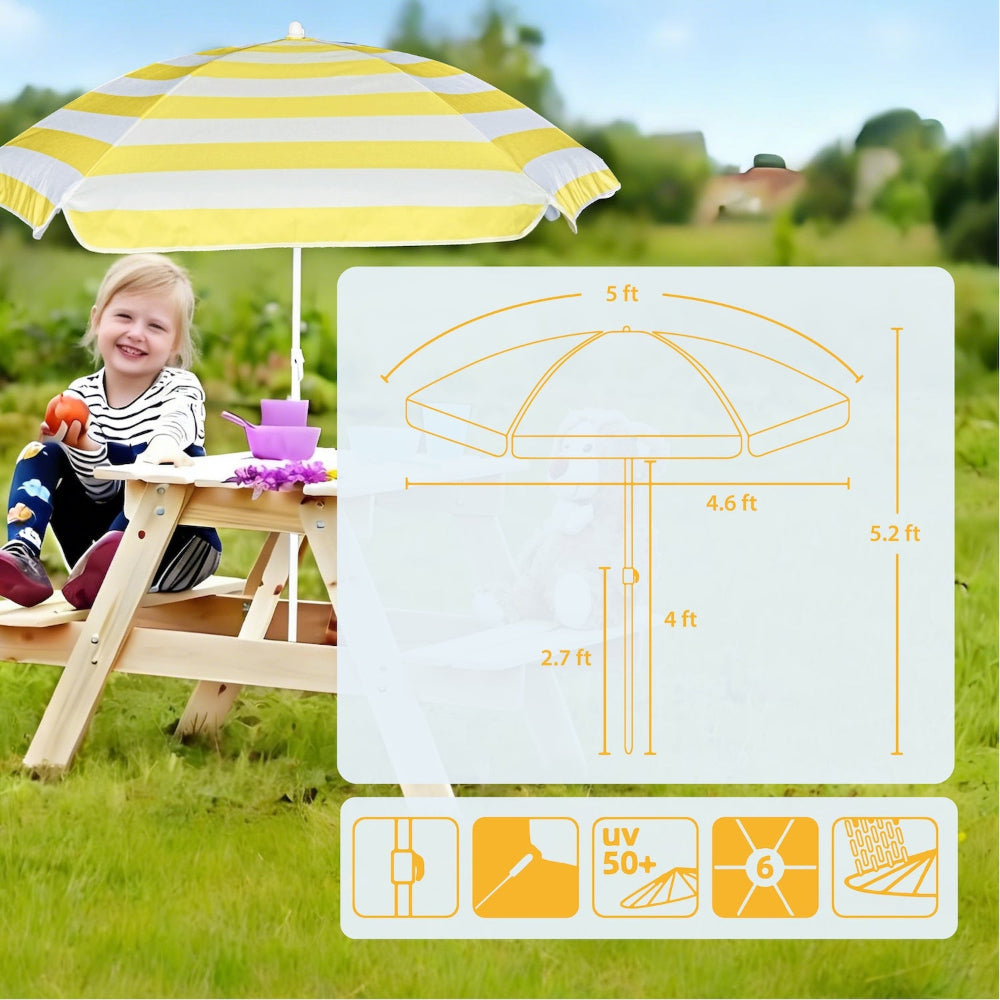 A girl sitting under AMMSUN 5ft yellow white umbrella for little tikes picnic table umbrella with sturdy frame and a knob for height adjustmentids