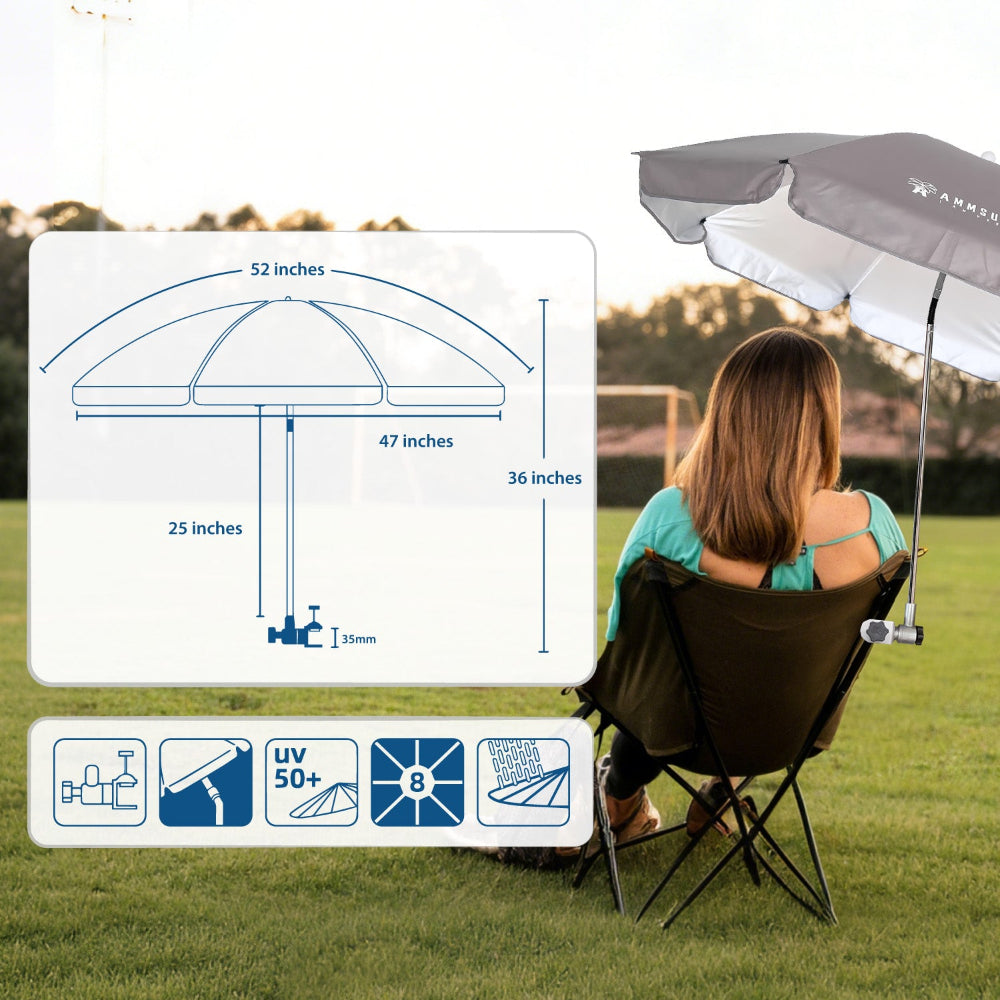 A woman sitting on a outdoor chair with an AMMSUN grey golf cart umbrella, spanning 52