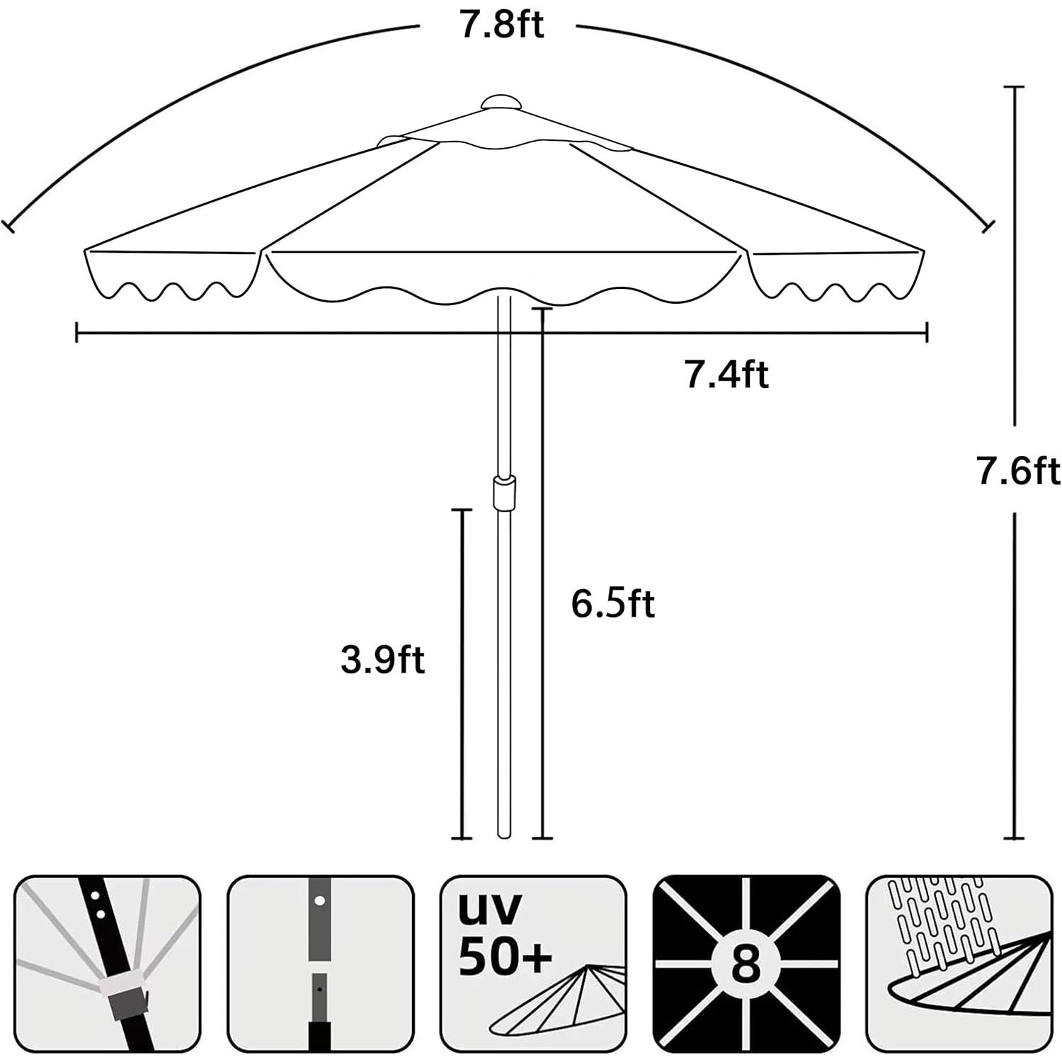 AMMSUN 7.8ft beachbub umbrella in 7.6ft height, is made of waterproof and uv protection fabric