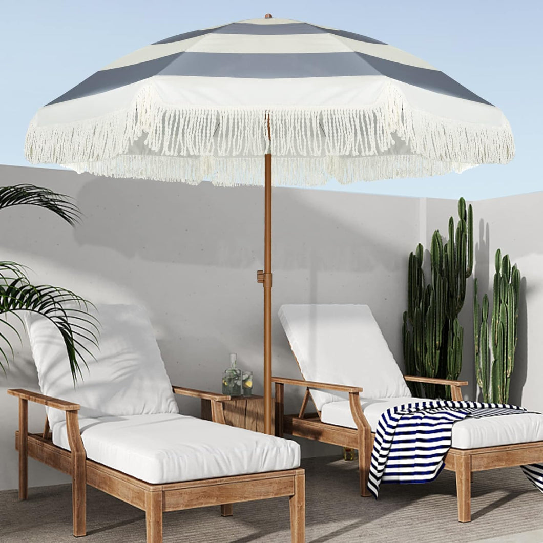 clearance patio umbrellas AMMSUN 7ft Patio Fringe Umbrella,Gray Stripes