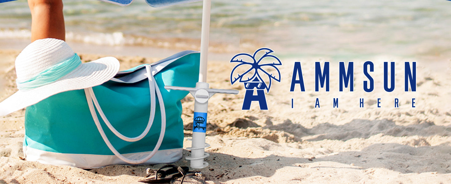 An umbrella secured on beach sand with AMMSUN white sand anchor for beach umbrella sand auger