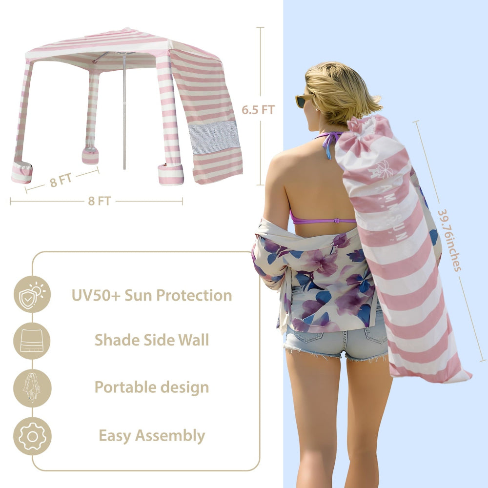 AMMSUN 8'×8' portable beach cabanas for sand with privacy sunwall in 6.5ft high can be folded in carry bag in 39.7inches
